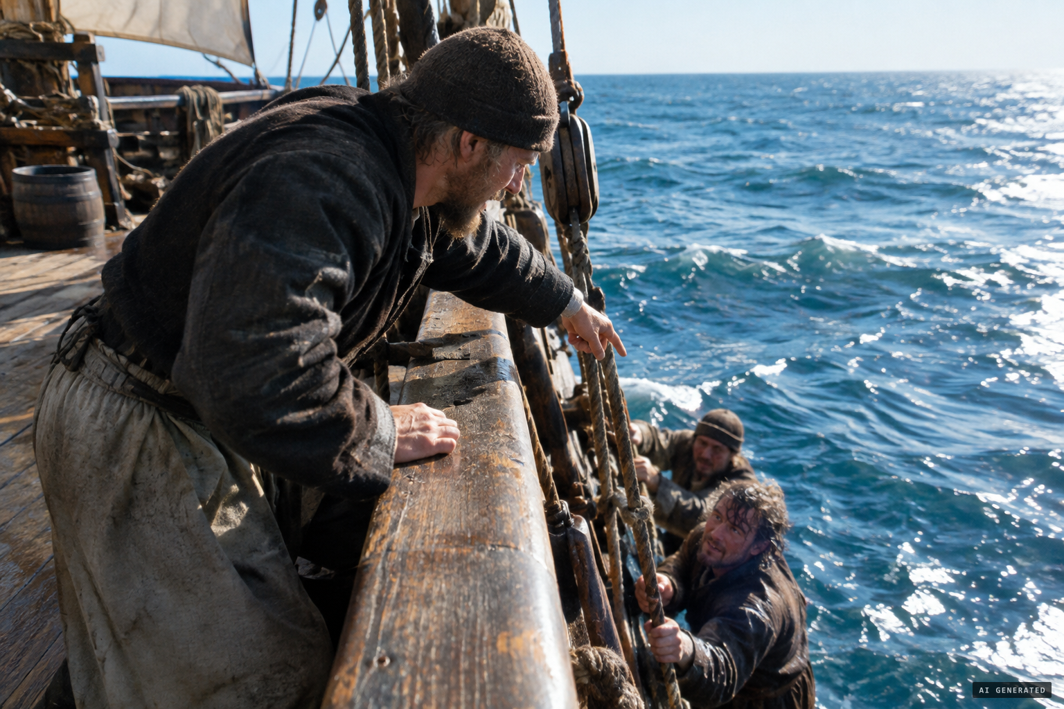 A crewman looks over the side and calls up the company