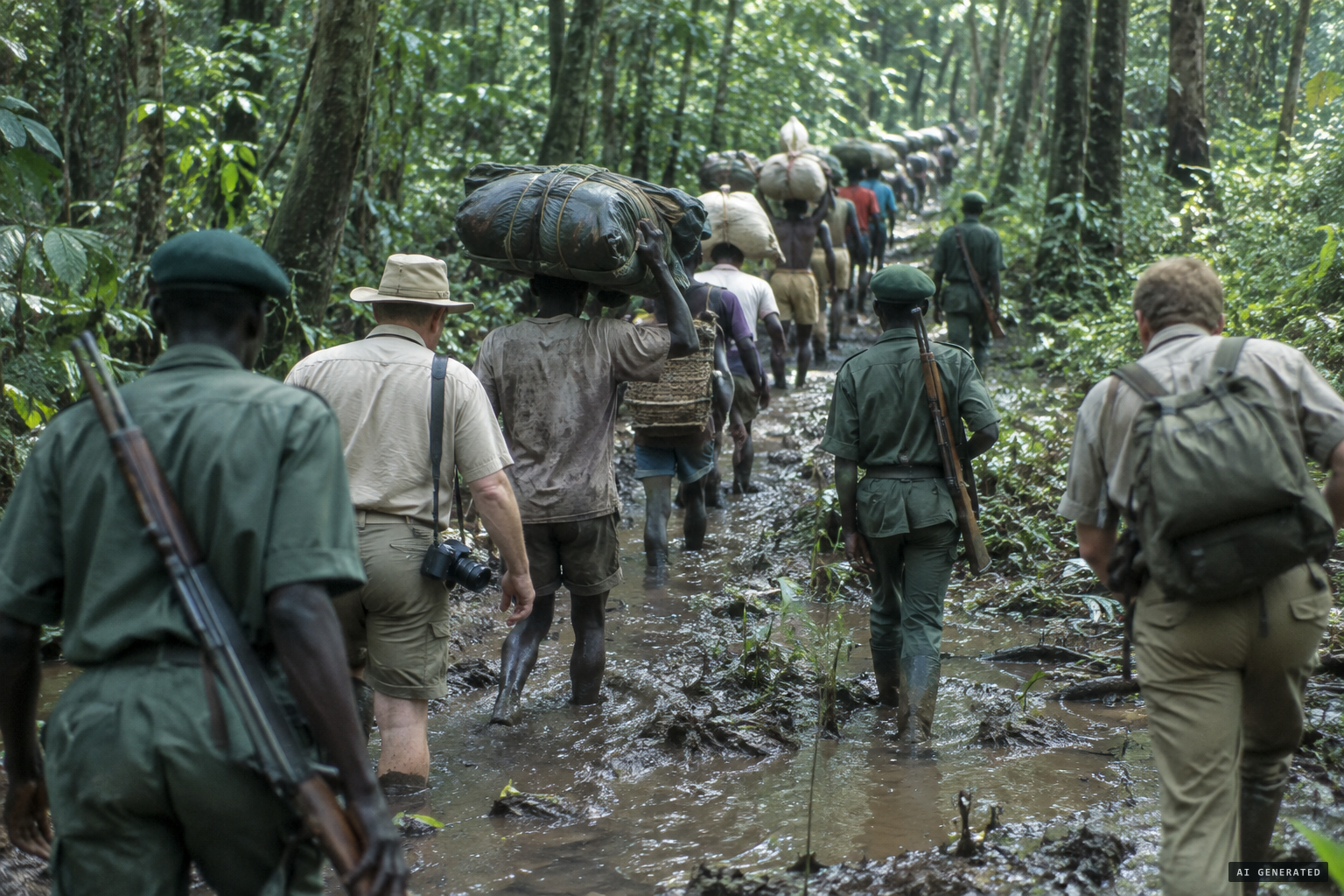 The expedition team on the overland journey to the lake, September 1981