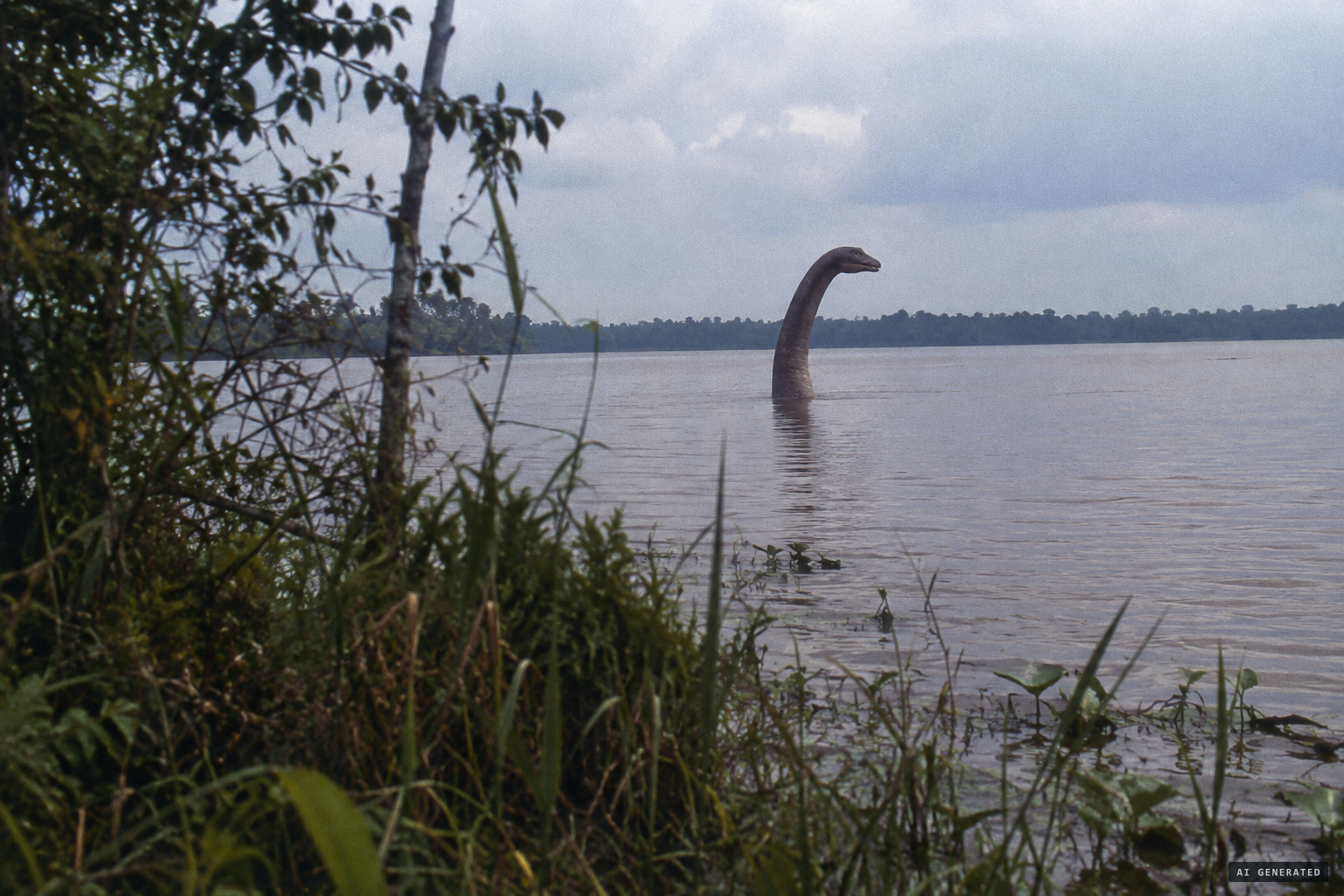 A large serpent-like head and neck rising from the water