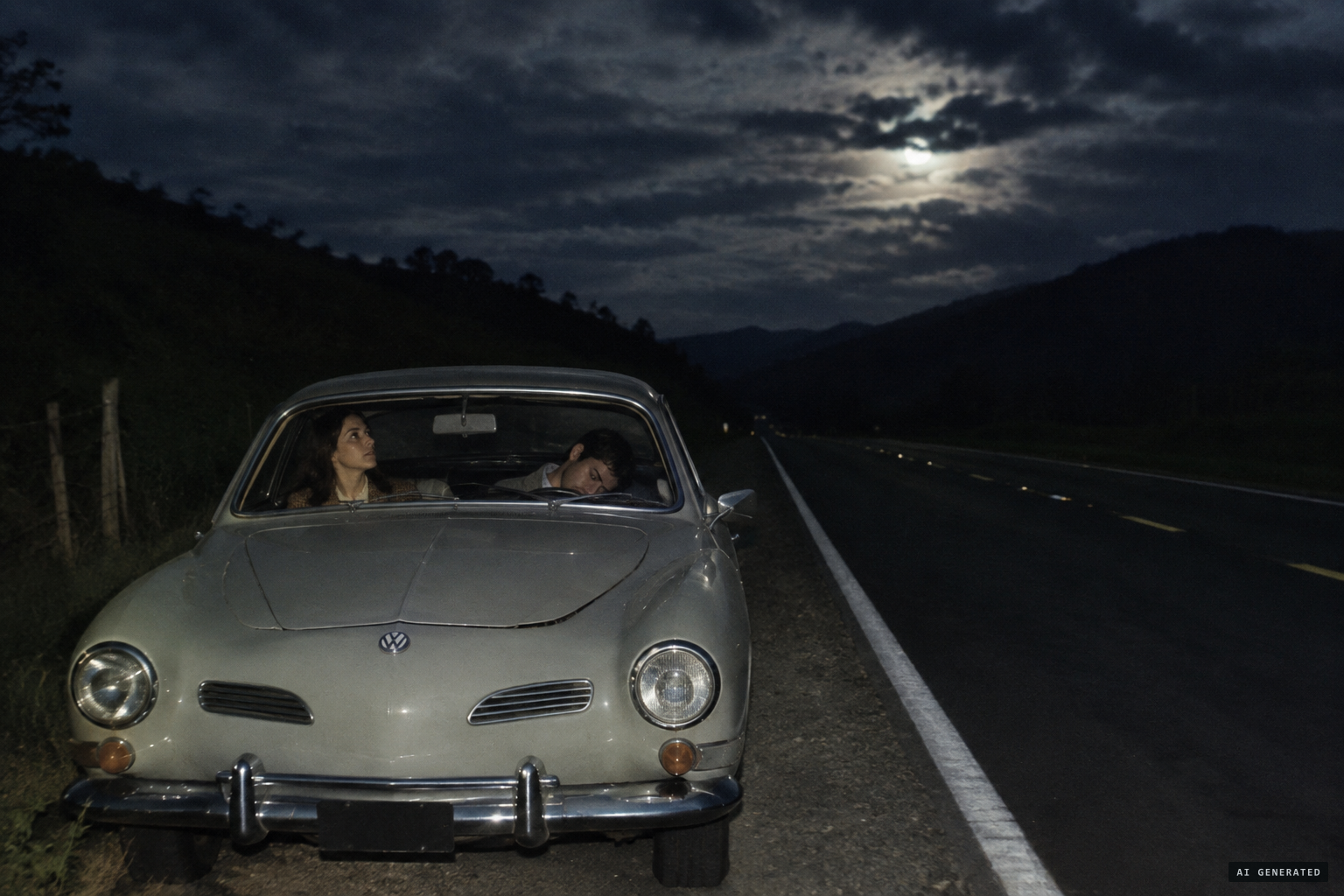 Hermínio sleeps on the highway shoulder while Bianca watches the sky