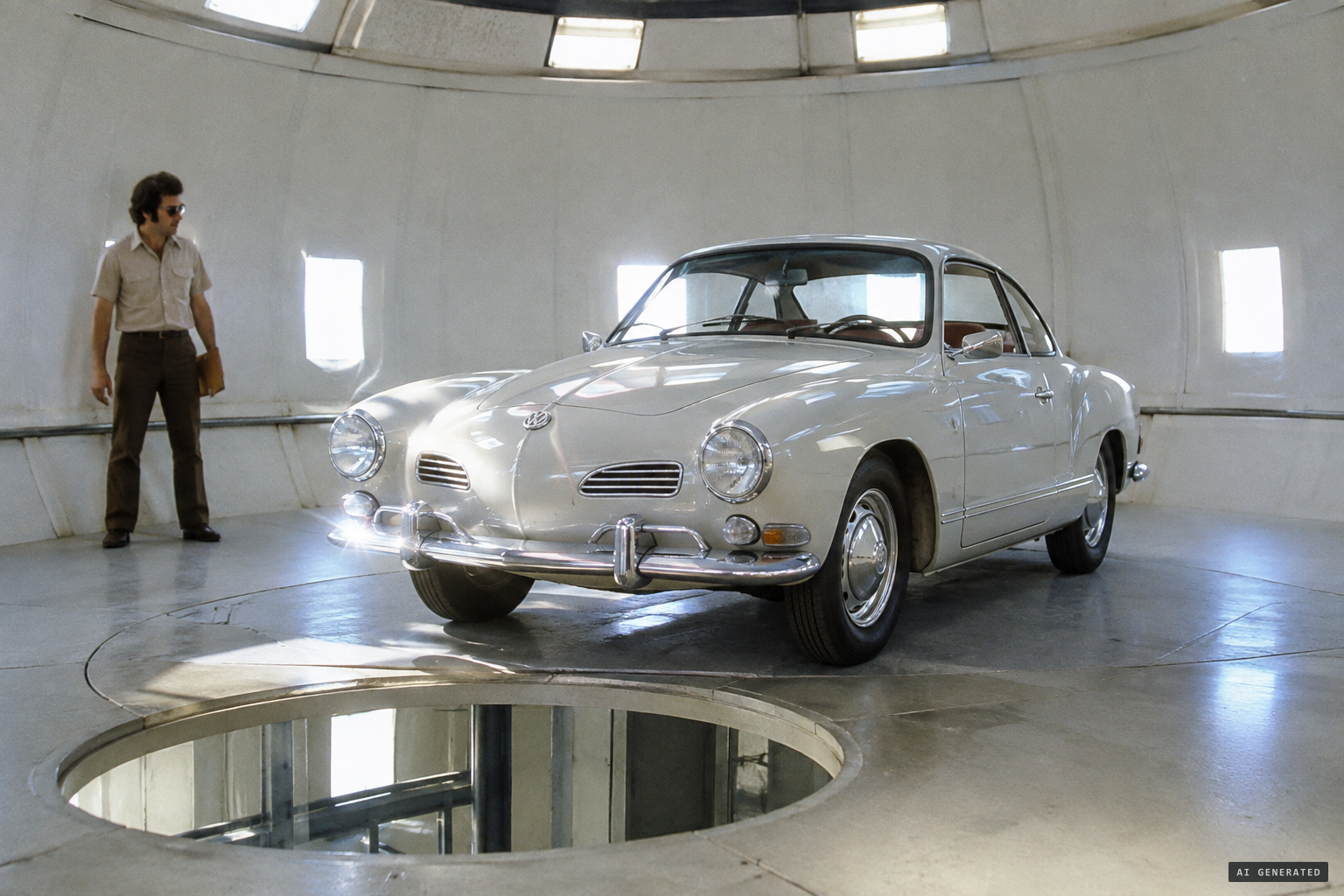 The car is drawn up into a circular, intensely lit garage