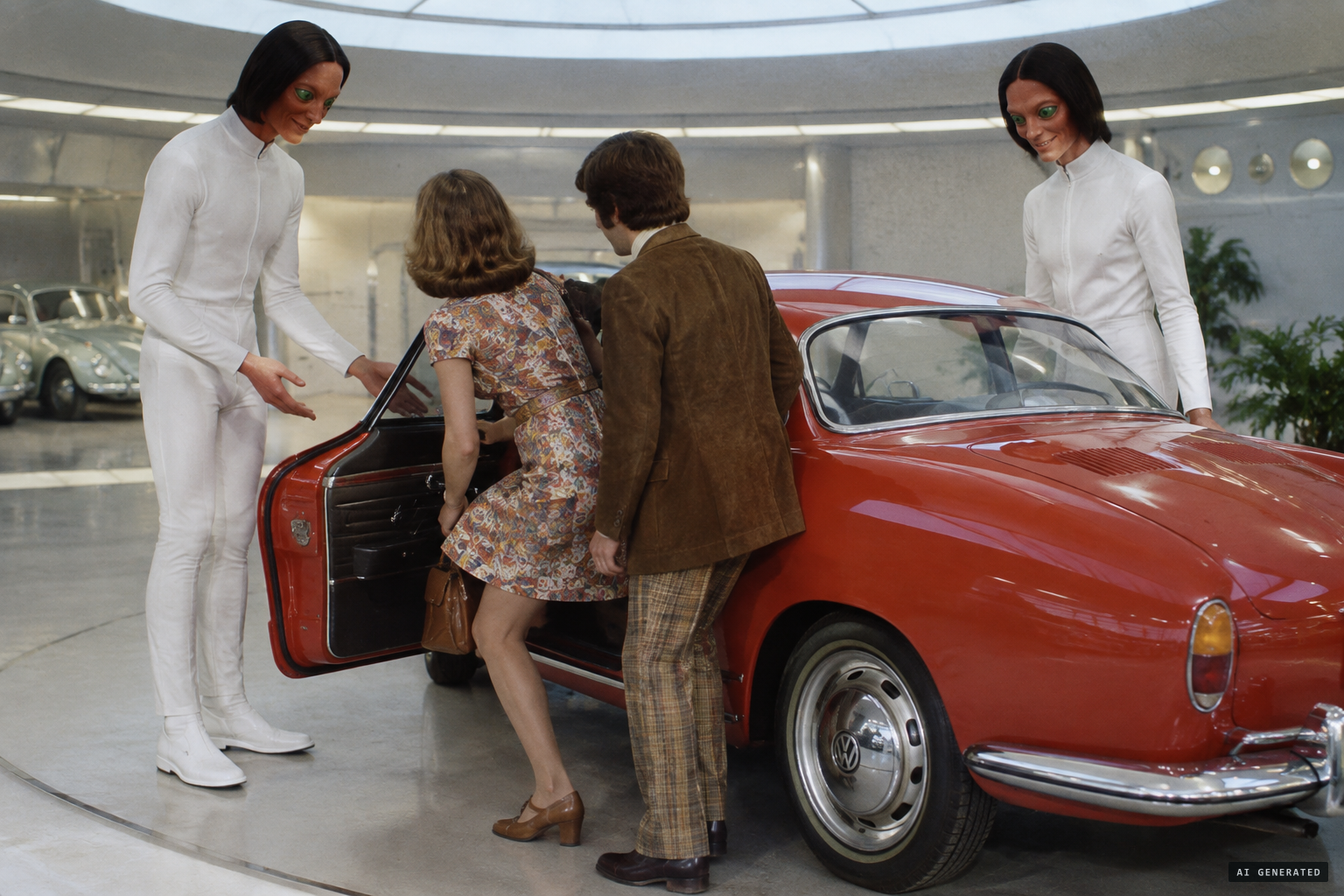 Two tall, twin-like beings politely help the couple out of the car