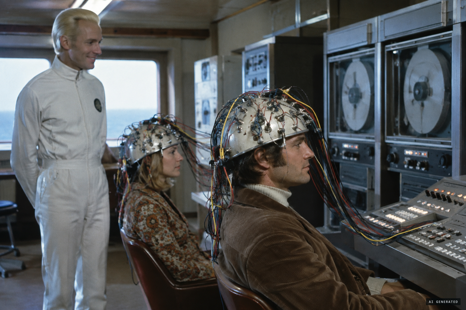 The couple wear the wired translator helmet as Karran speaks