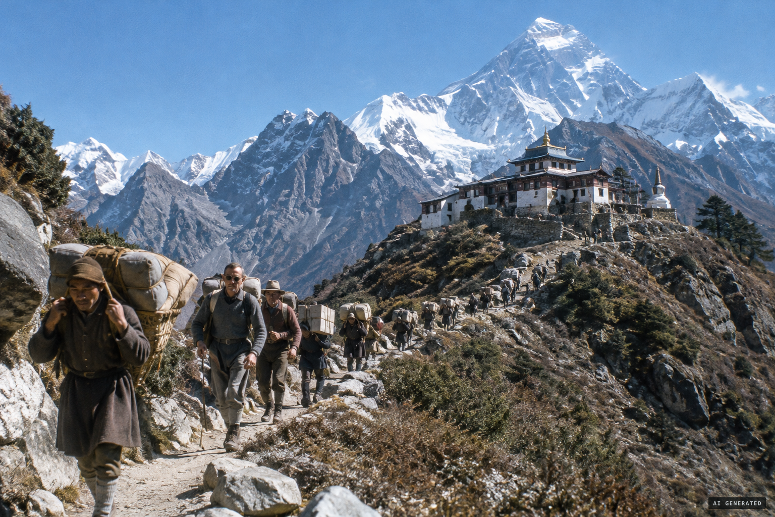 The 1953 Everest expedition approaches Thyangboche monastery