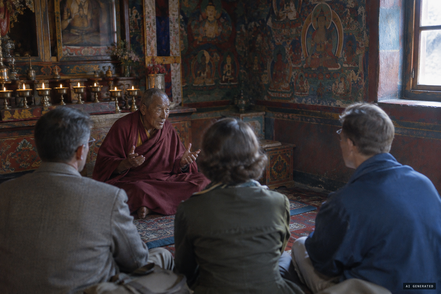 The senior monk tells Hunt, Wylie and Tenzing of the yeti