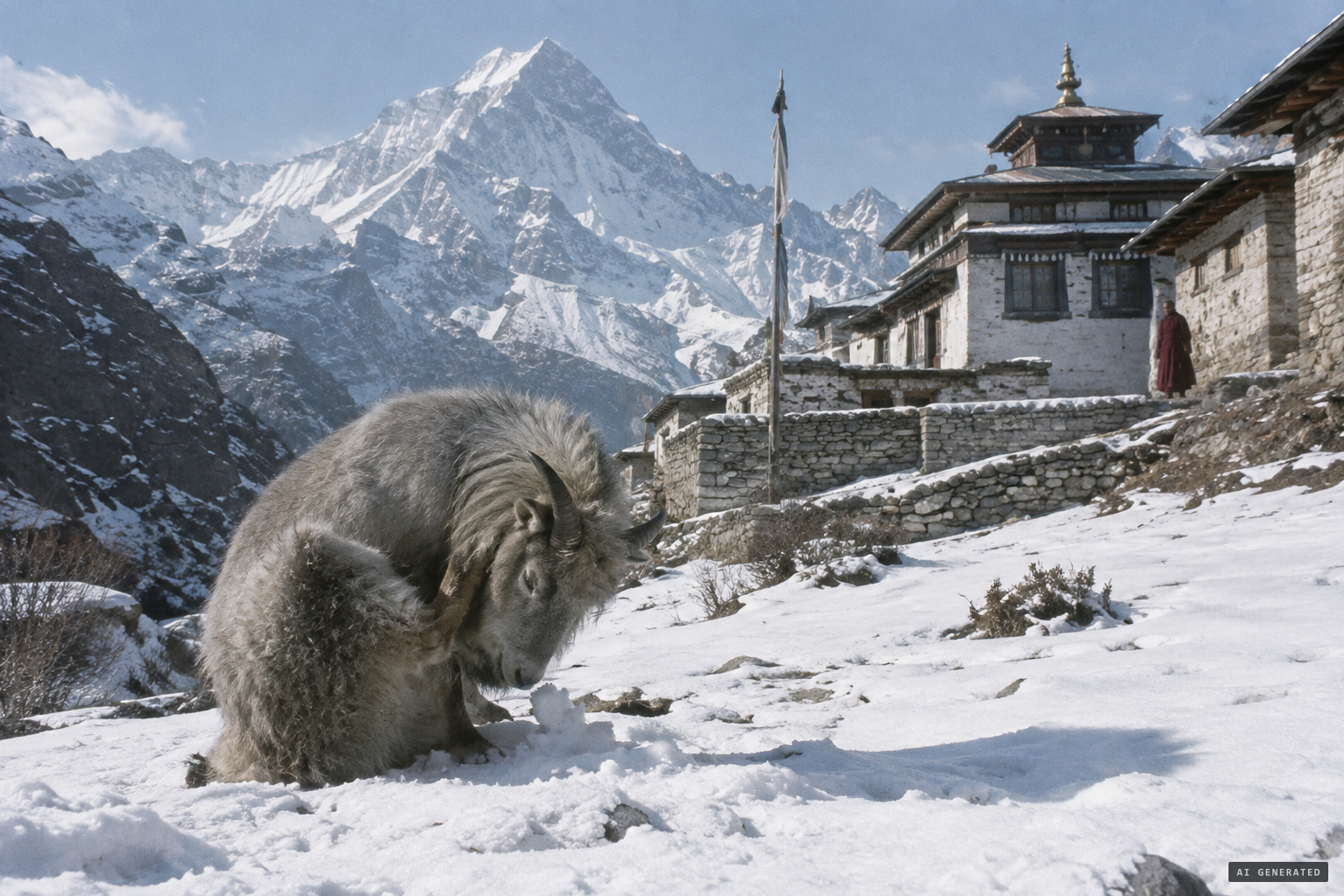 The yeti stops to scratch and play with snow