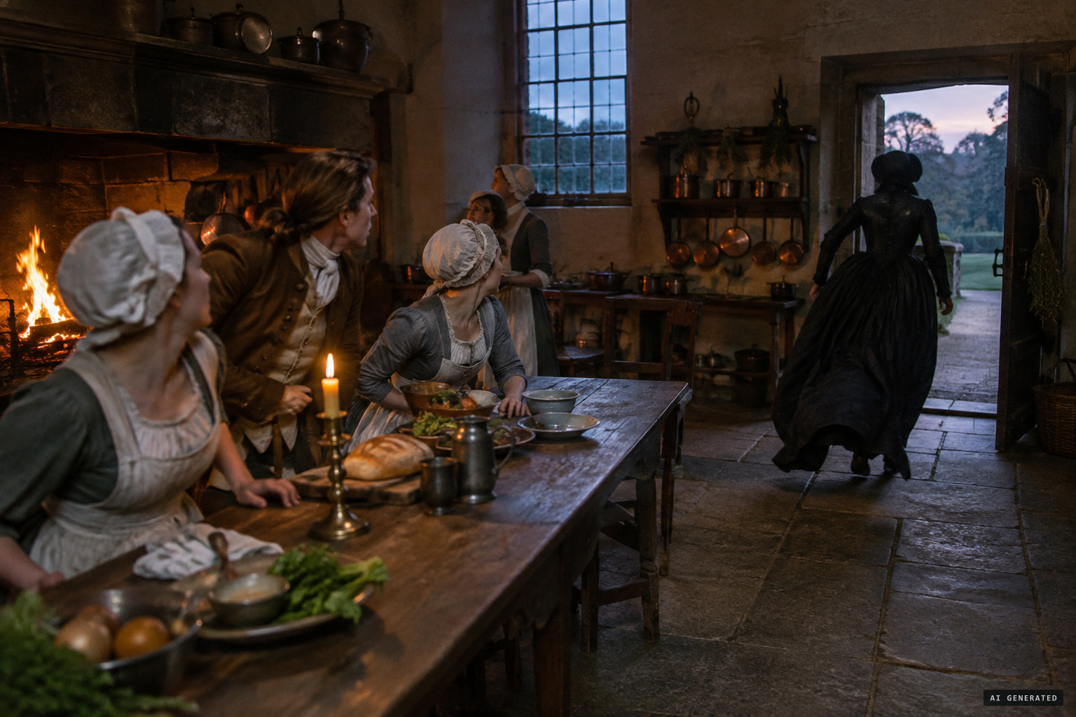 A tall female figure in dark rustling silk rushes past the servants and out of the house door