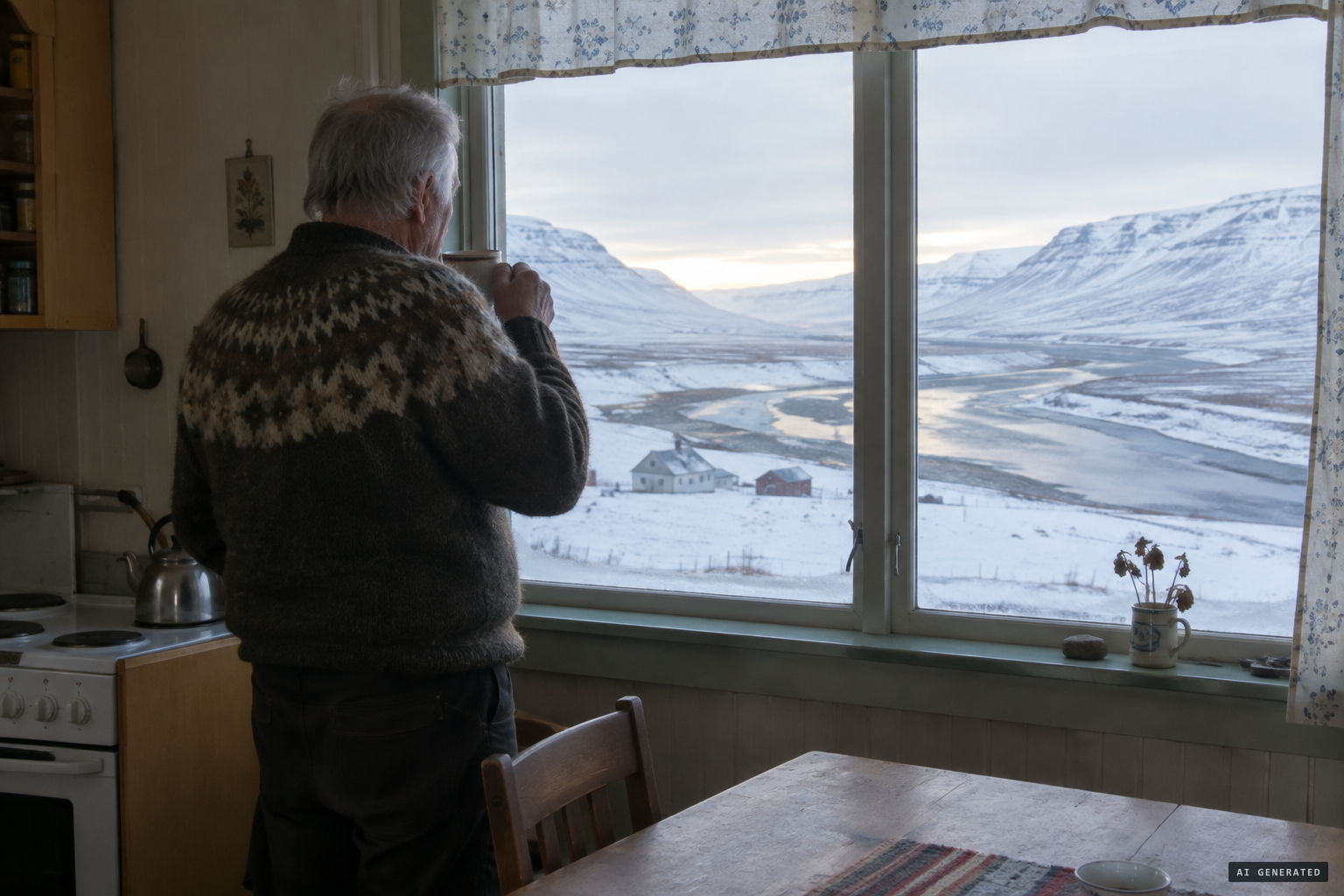 Hjörtur Kjerúlf having his morning coffee at his kitchen window