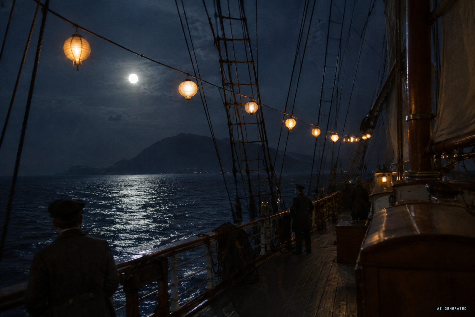 Globular lights like Chinese lanterns festooned between masts