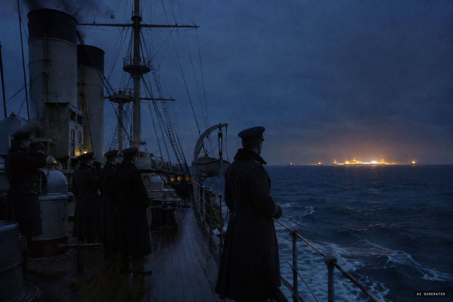 Captain Castle of HMS Leander alters course toward the lights