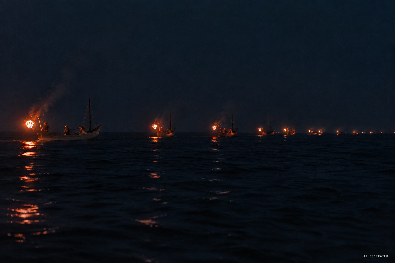 Japanese squid-fishing boats burning fires as lures