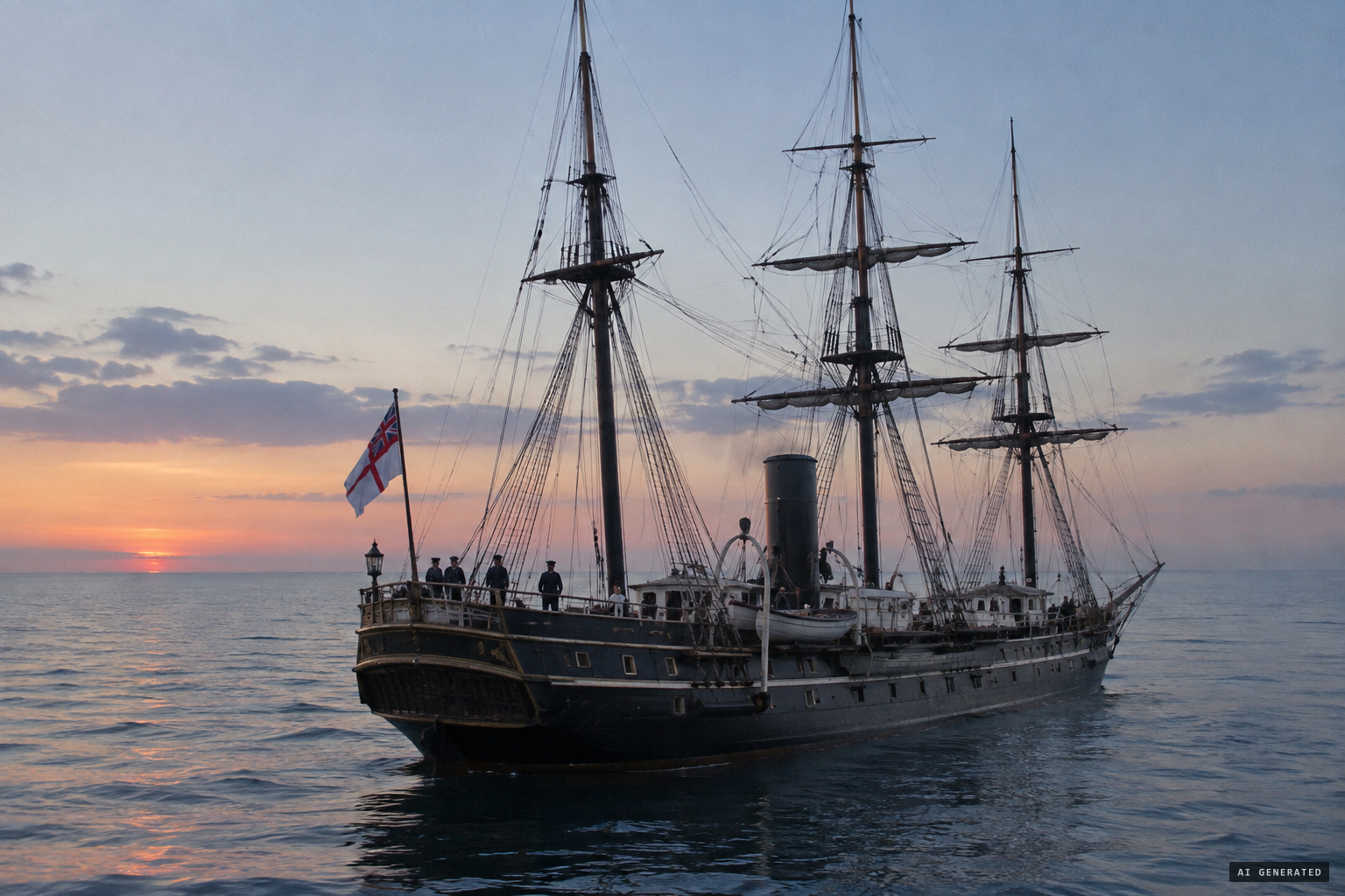 HMS Vulture on a smooth Persian Gulf sea, evening of 15 May 1879