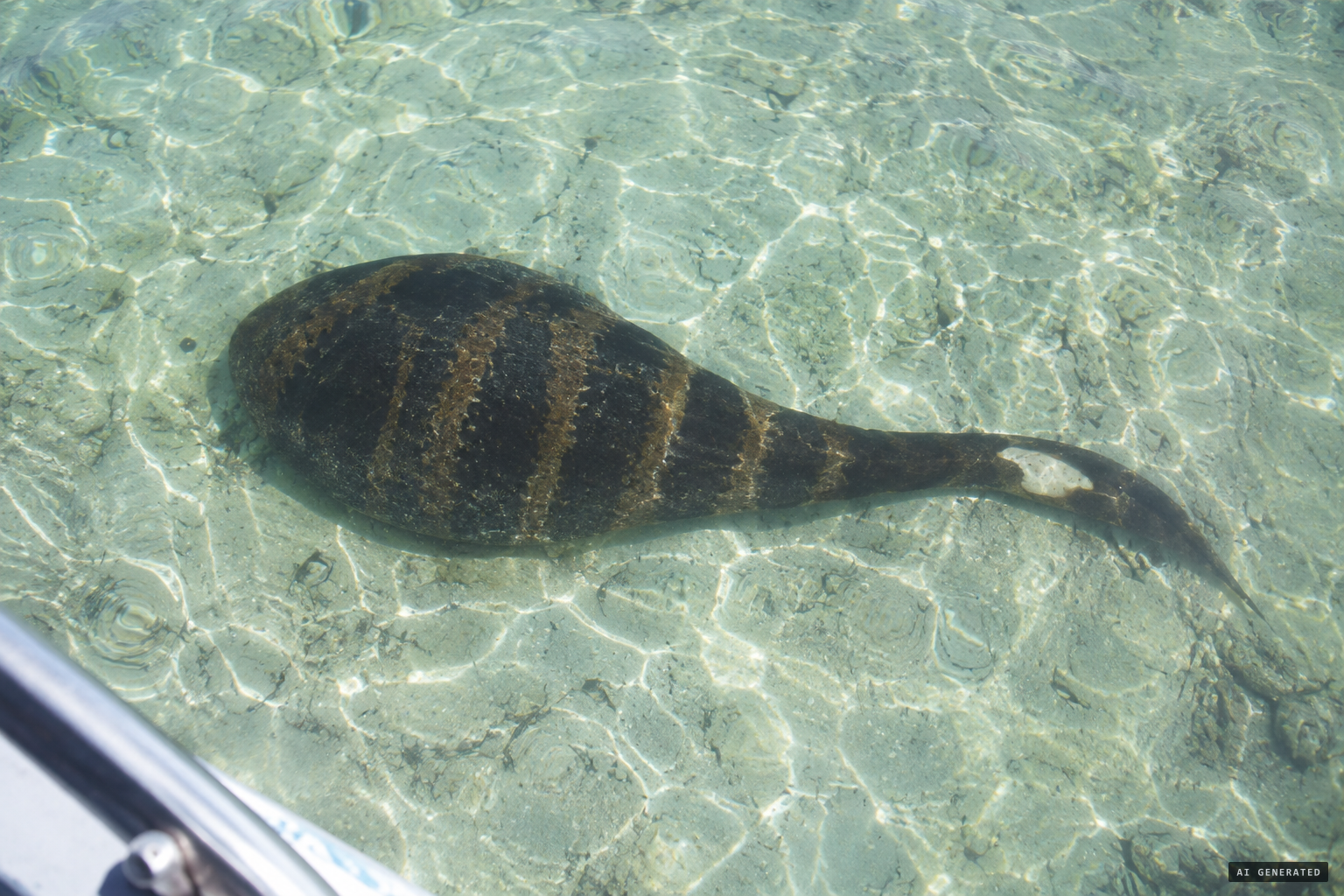 A giant tadpole-shaped form lies motionless on the seabed