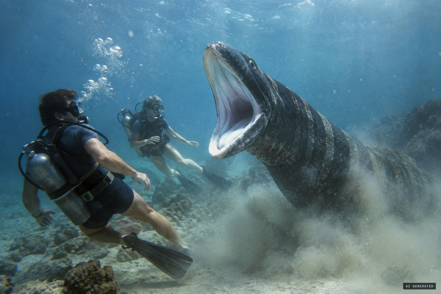 The creature raises its head and opens its white mouth