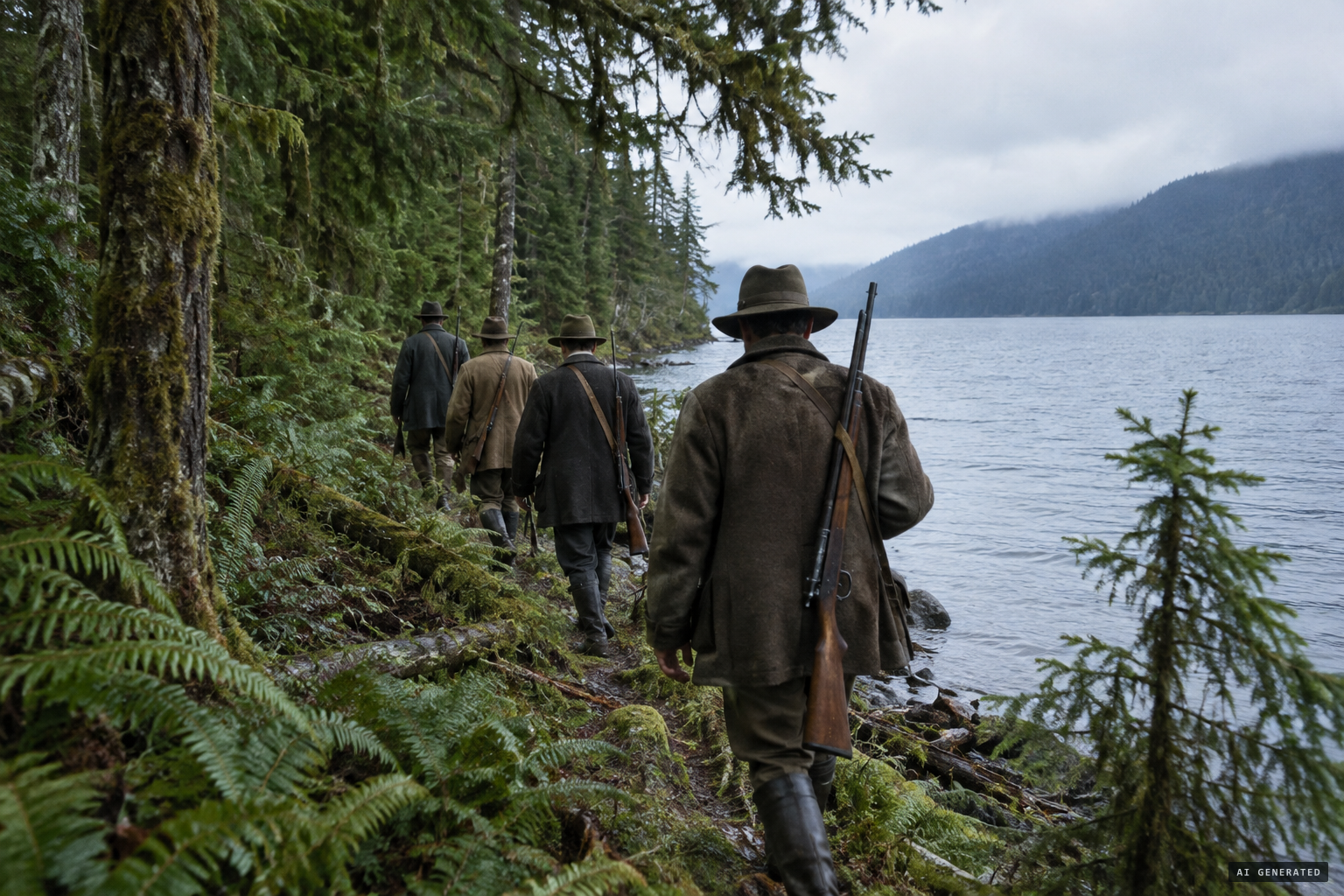 Four Qualicum hunters out on the shore of Horne Lake, 10 December 1904