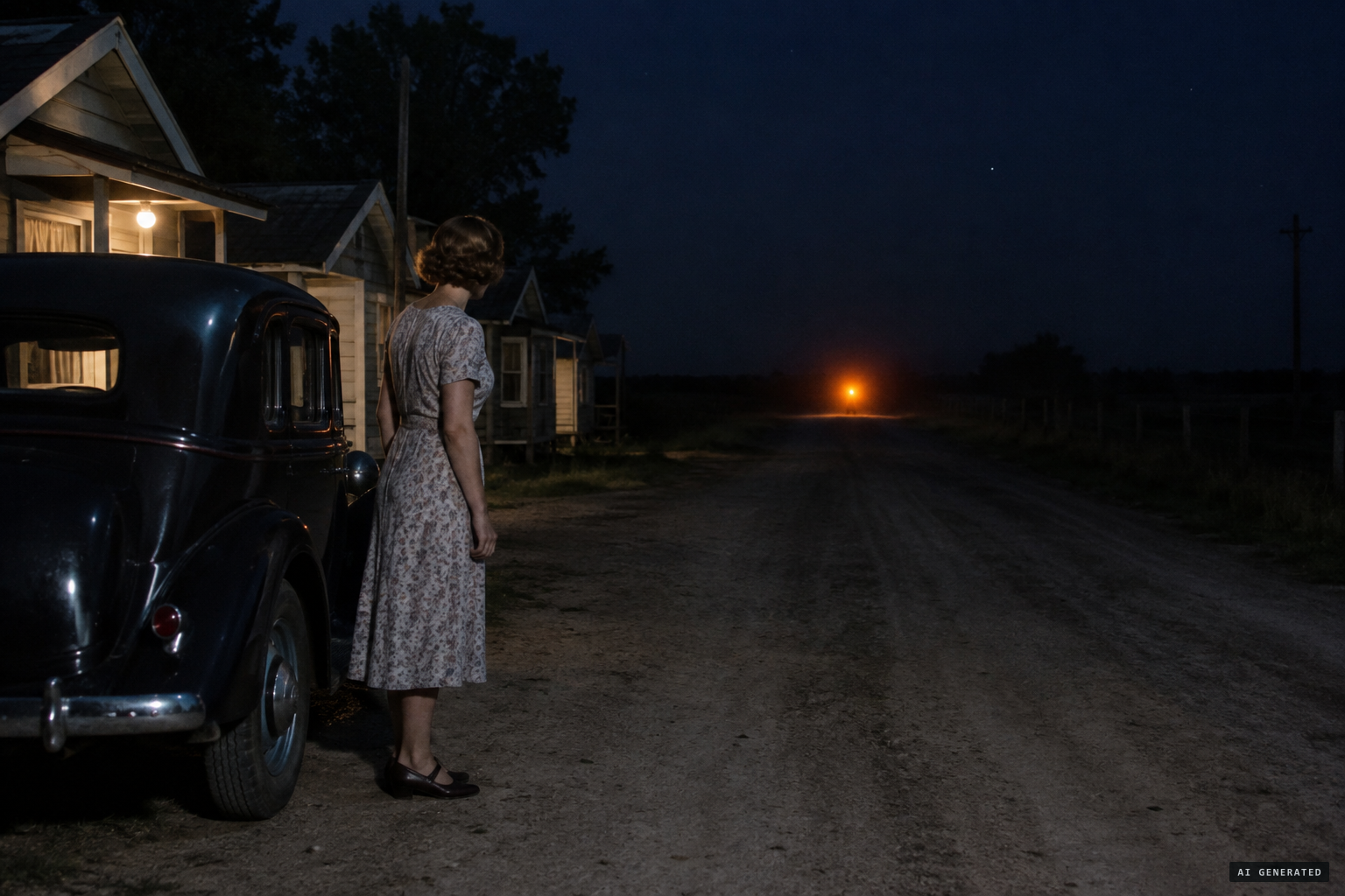 An orange-colored light appears in the center of the road beyond the camp