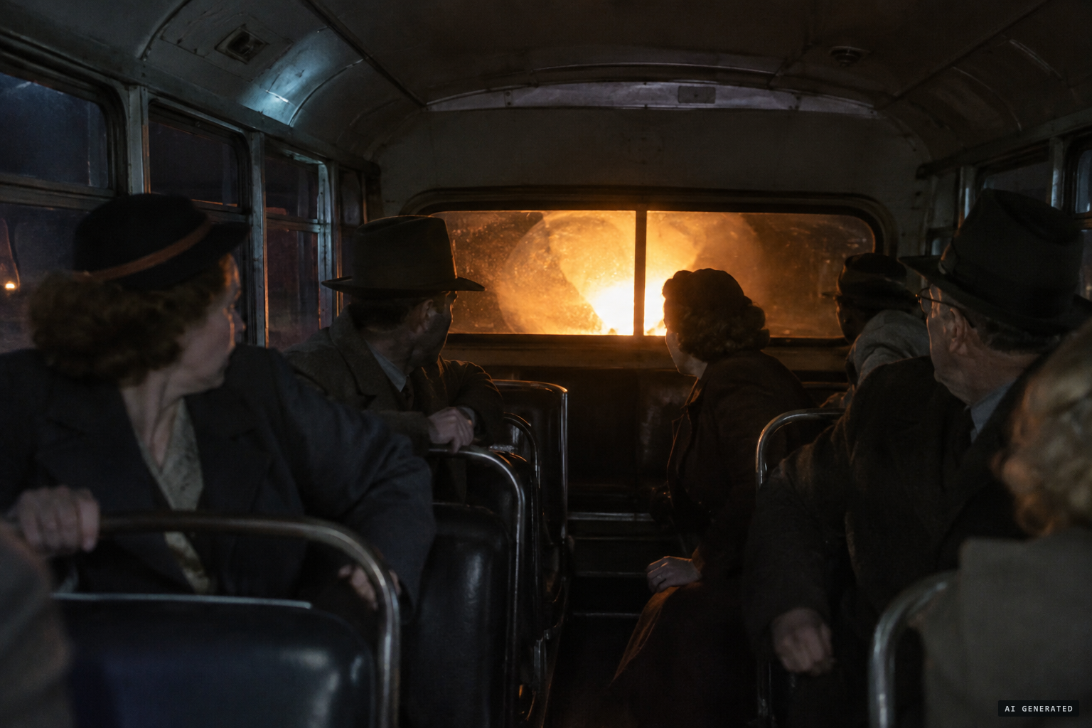 The light perches on the bus's rear window as if trying to get in