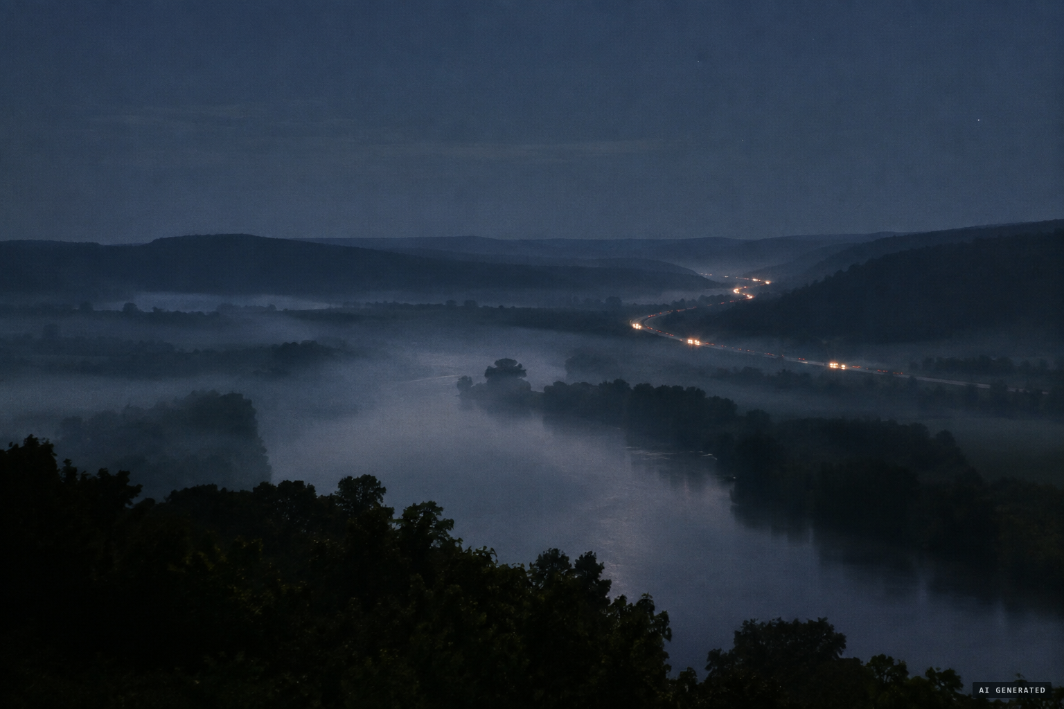 Headlights from Route 66 bent across the Spring River valley