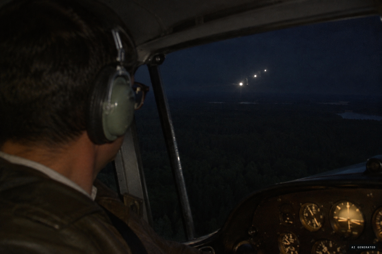 Four white lights in a stepped-up echelon come up behind the plane on the left