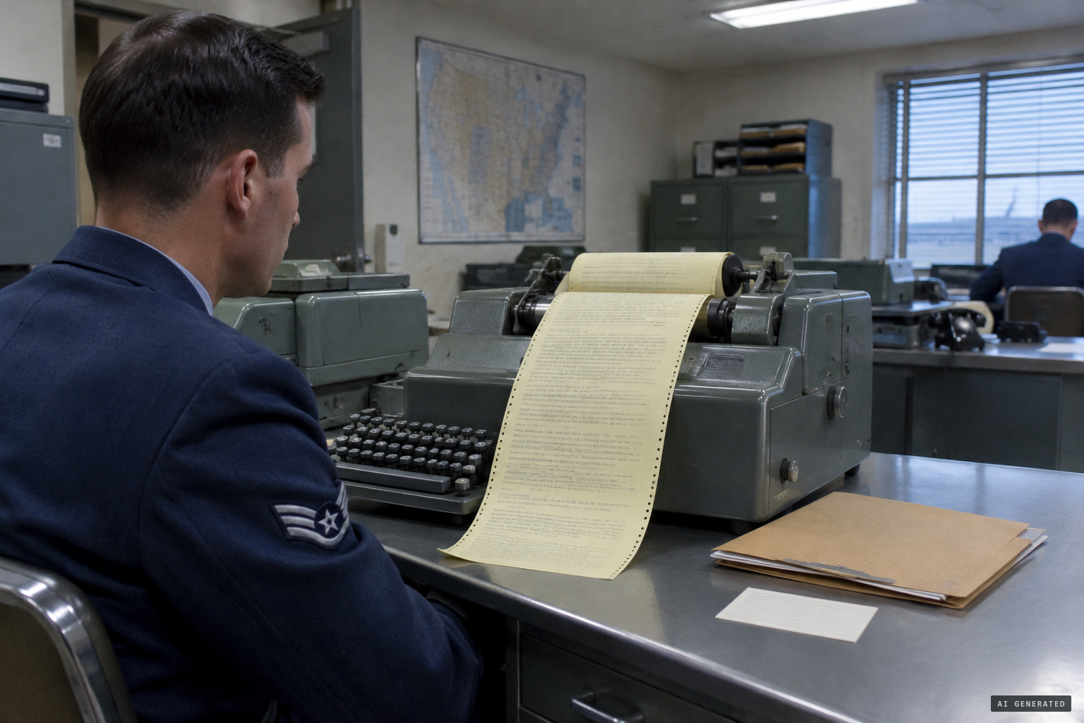 The sighting reaches Project Blue Book by teletype as an 'AIR VISUAL' report