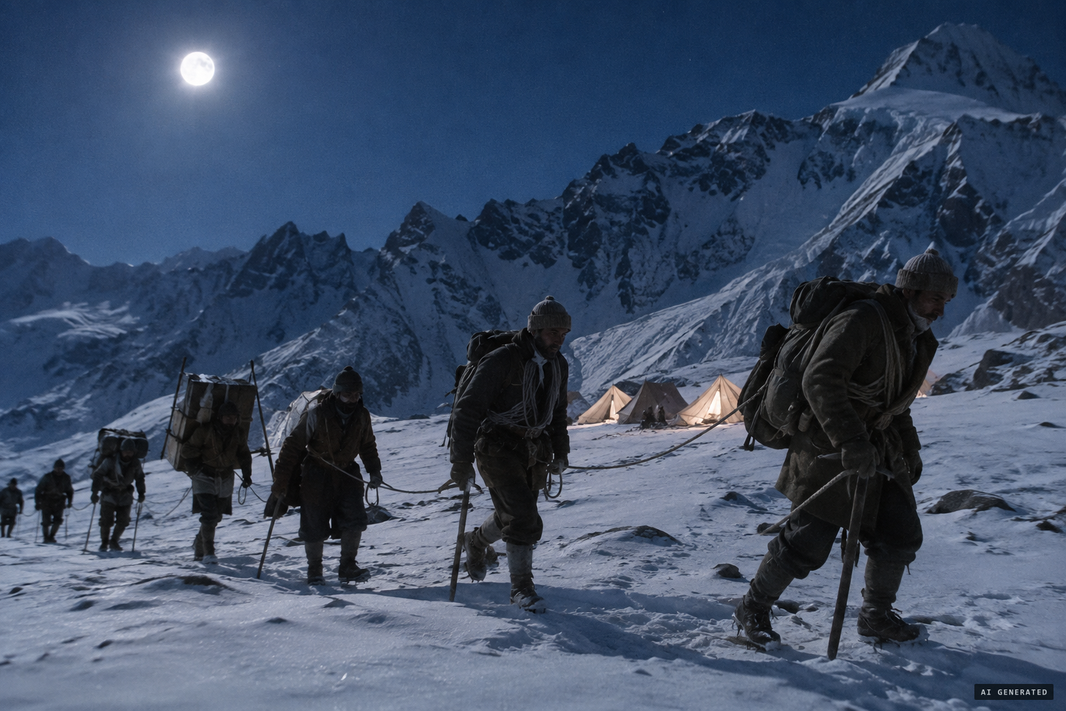 The party leaves camp at 4am in bright moonlight to cross the pass.