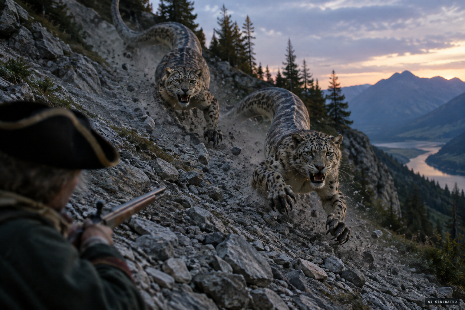 Two creatures come running down off the scree