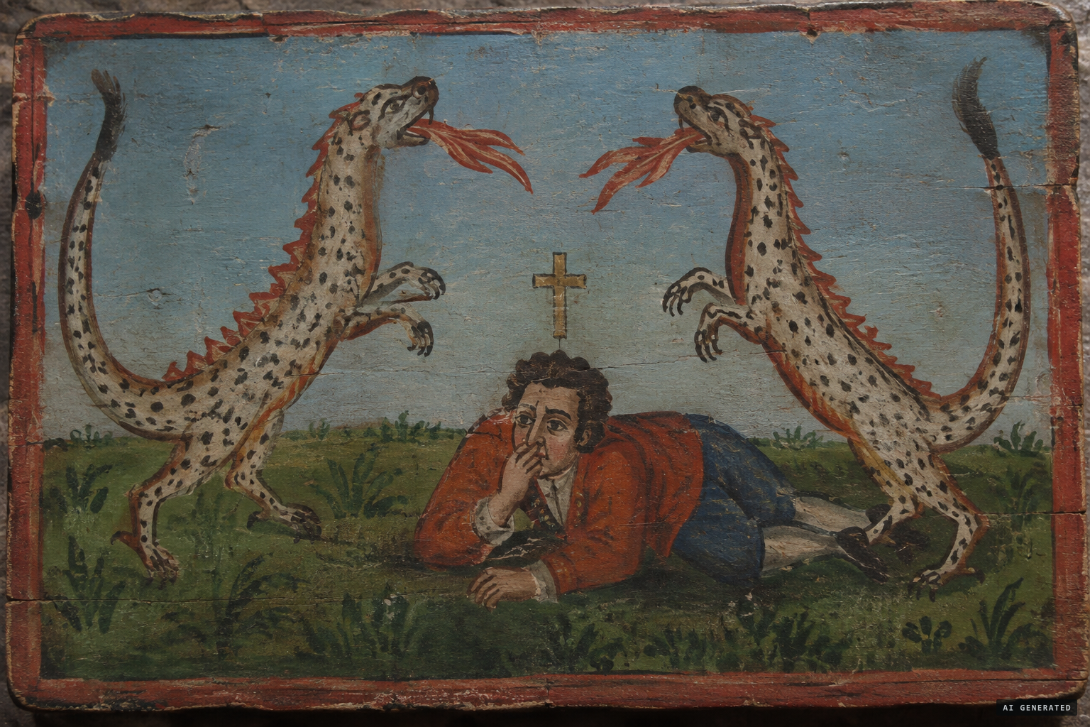 The allegedly oldest version: two speckled creatures, Fuchs holding his nose, a cross above him