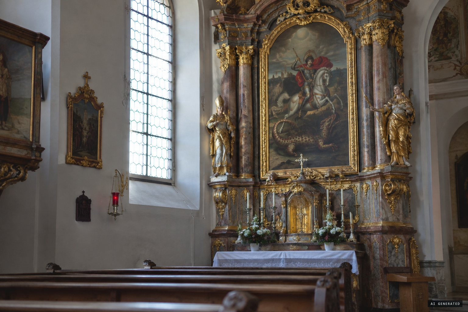 The dragon on the church's side altar resembles the panel's beasts