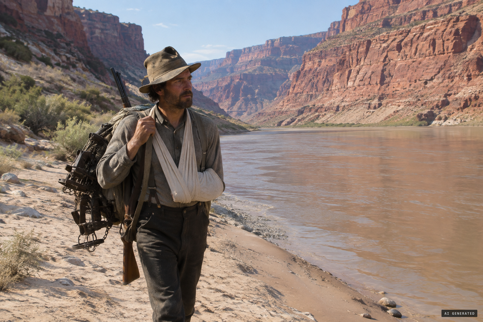 I. W. Stevens, idle with a broken arm, goes down to the river to trap beaver