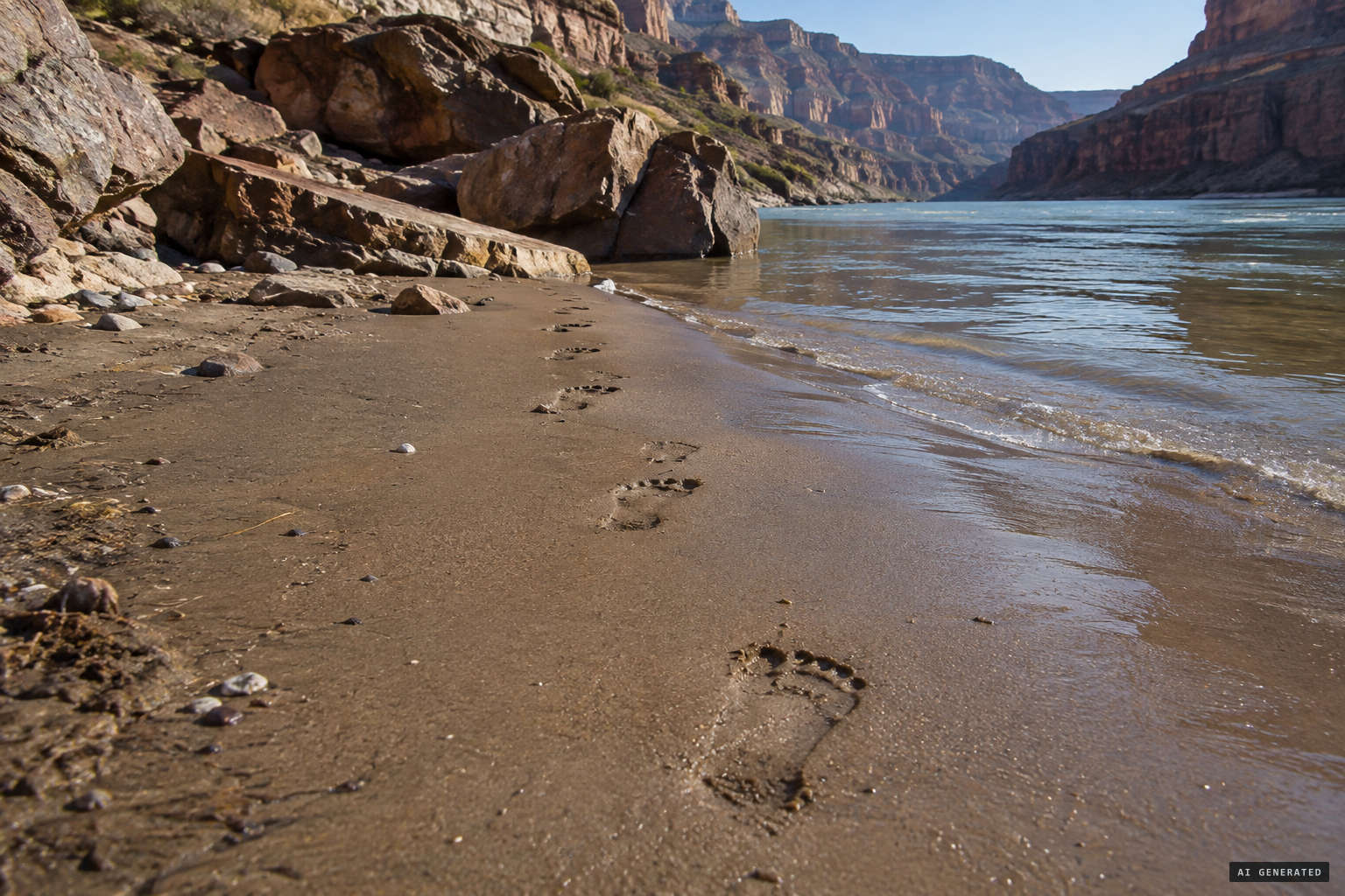 Bare, human-like footprints in the sand along the river
