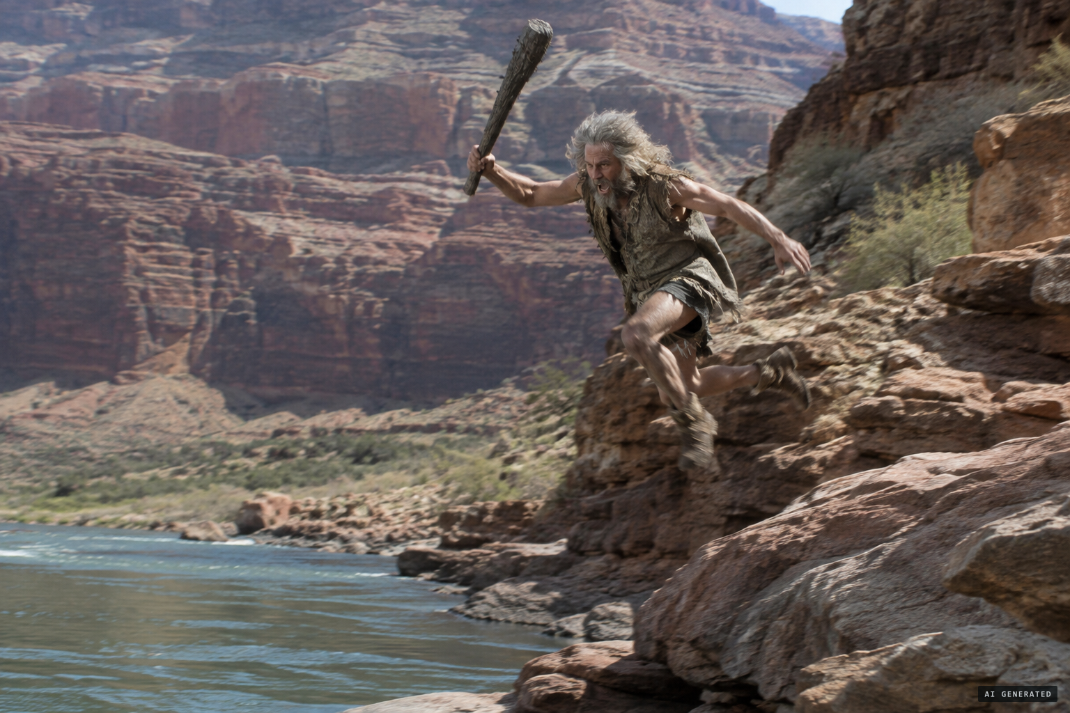 With a wild whoop he grabs a club and bounds over the rocks