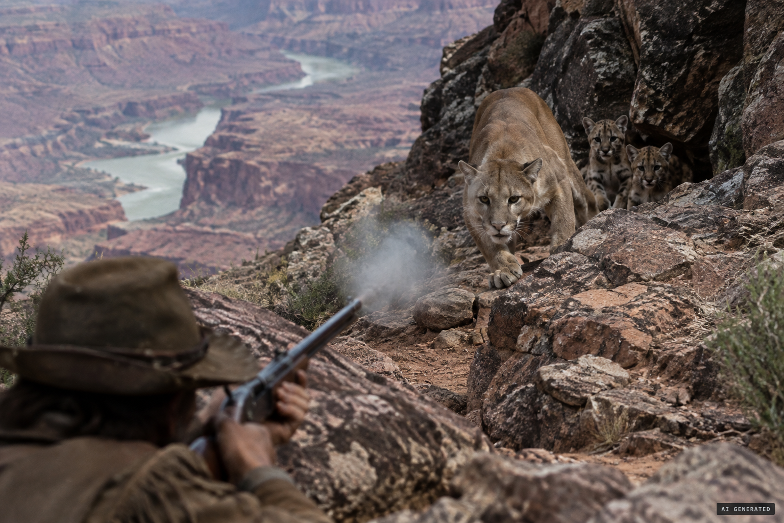 A cougar springs from the rocks with her cubs, and Stevens fires
