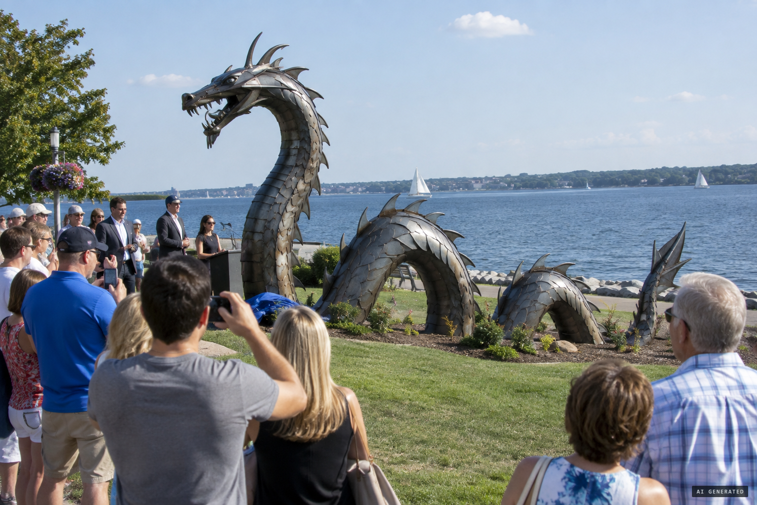 Ron Baird's Sea Serpent sculpture unveiled in Barrie's Heritage Park, 2016
