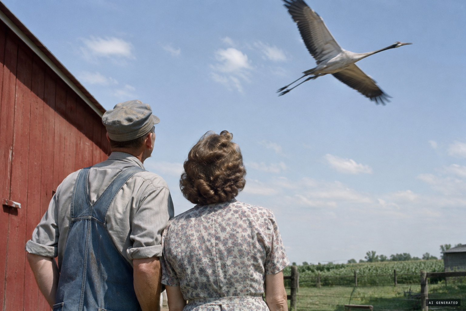 Robert Price and his wife watch a huge long-necked bird pass over the barn, feet trailing