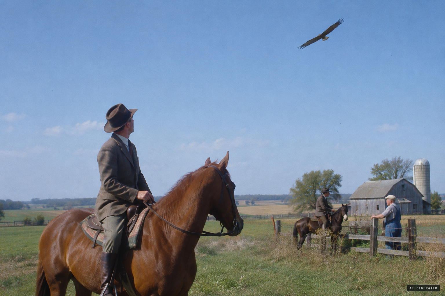 Col. Siegmund, on horseback north of Alton, sees a bird the size of a pursuit plane while his companion talks to a farmer