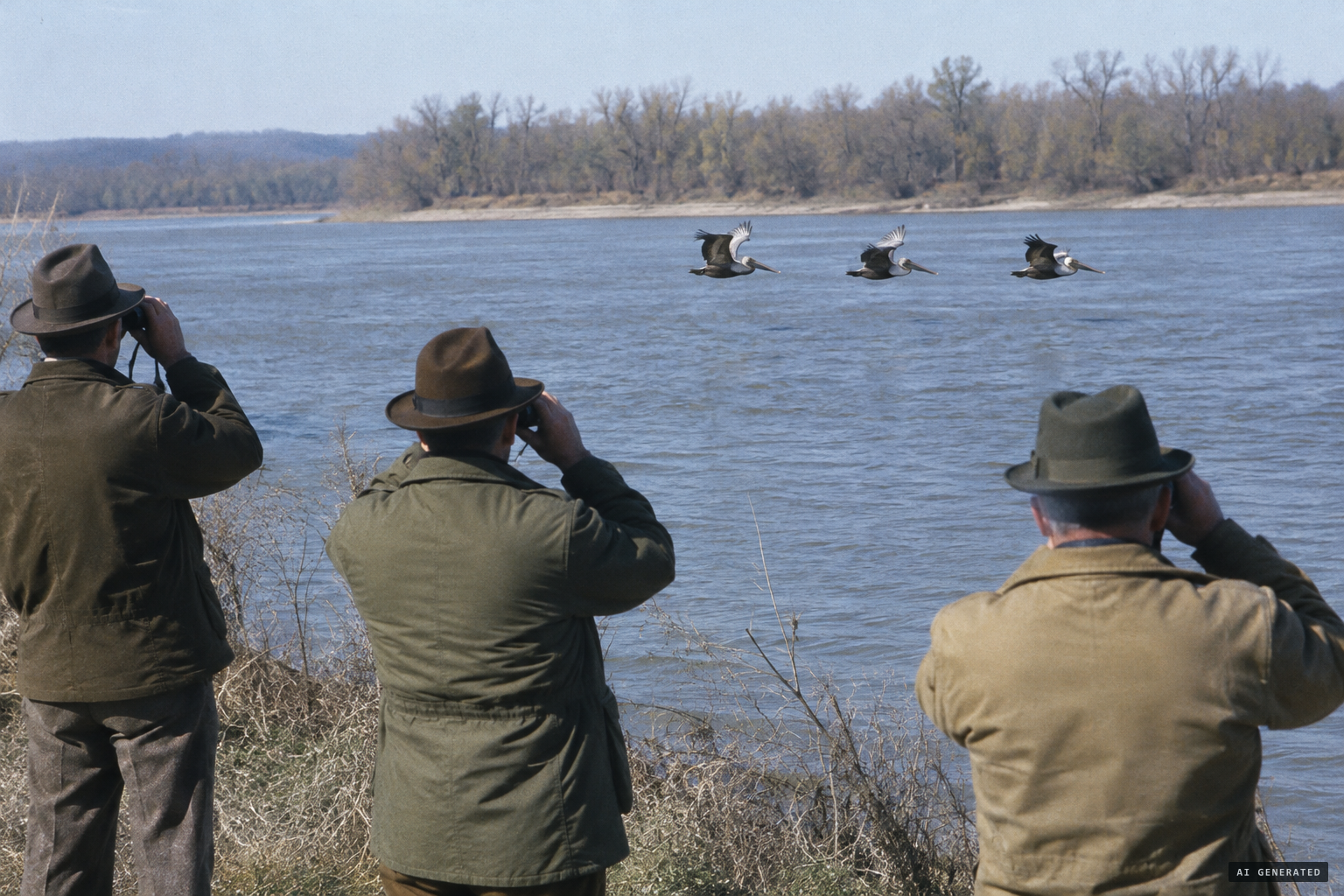 Ornithologist T. E. Musselman and two colleagues watch three brown pelicans fly low