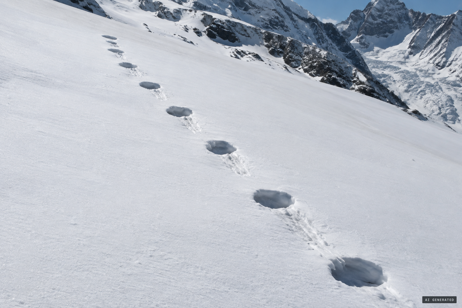 A single line of softened oval prints, with streaks where snow slid downhill