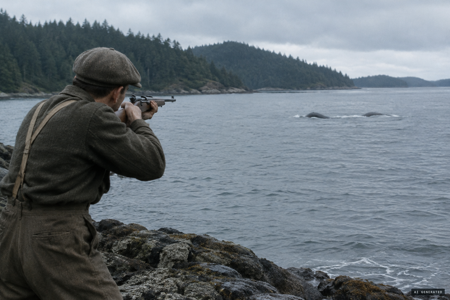 Percy Elsey fires at the creature off Oyster River, 1933