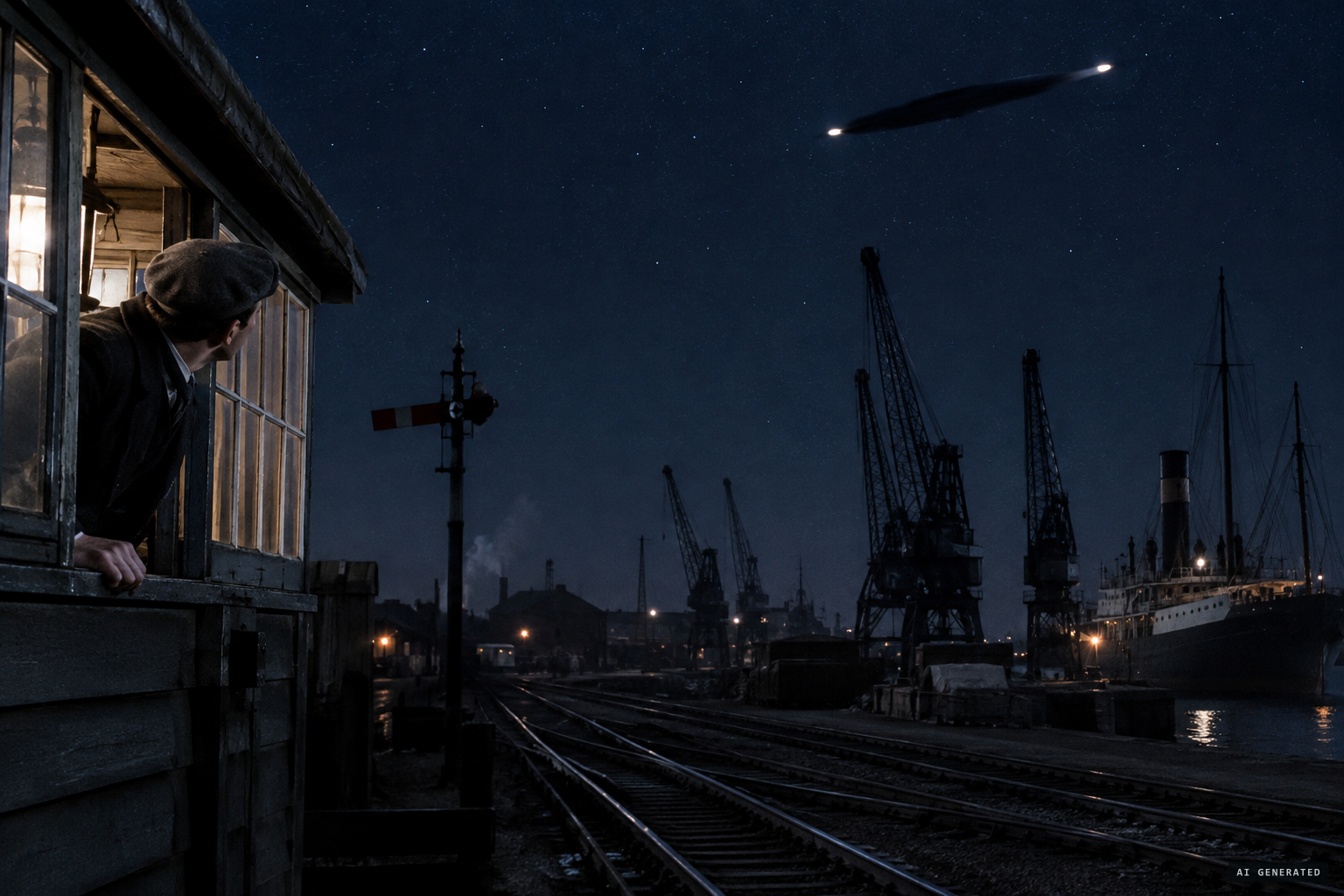 Signalman Robert Westlake sees a cigar-shaped 'boat' with two lights over the docks