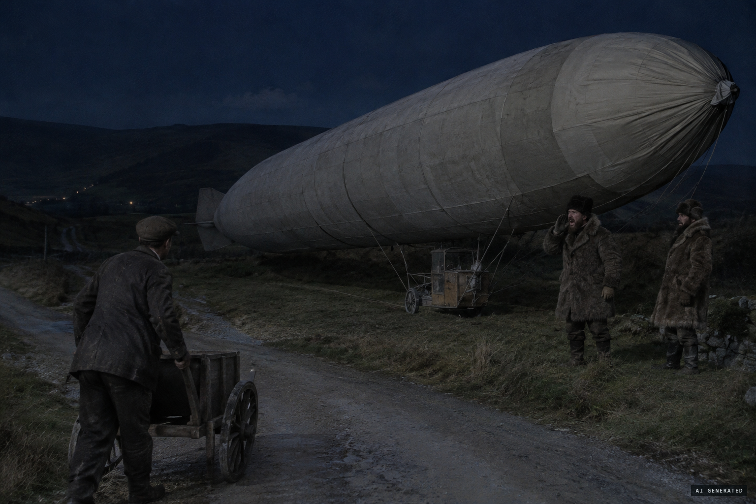 Lethbridge finds a long, tube-shaped object on the grass and two men in fur coats