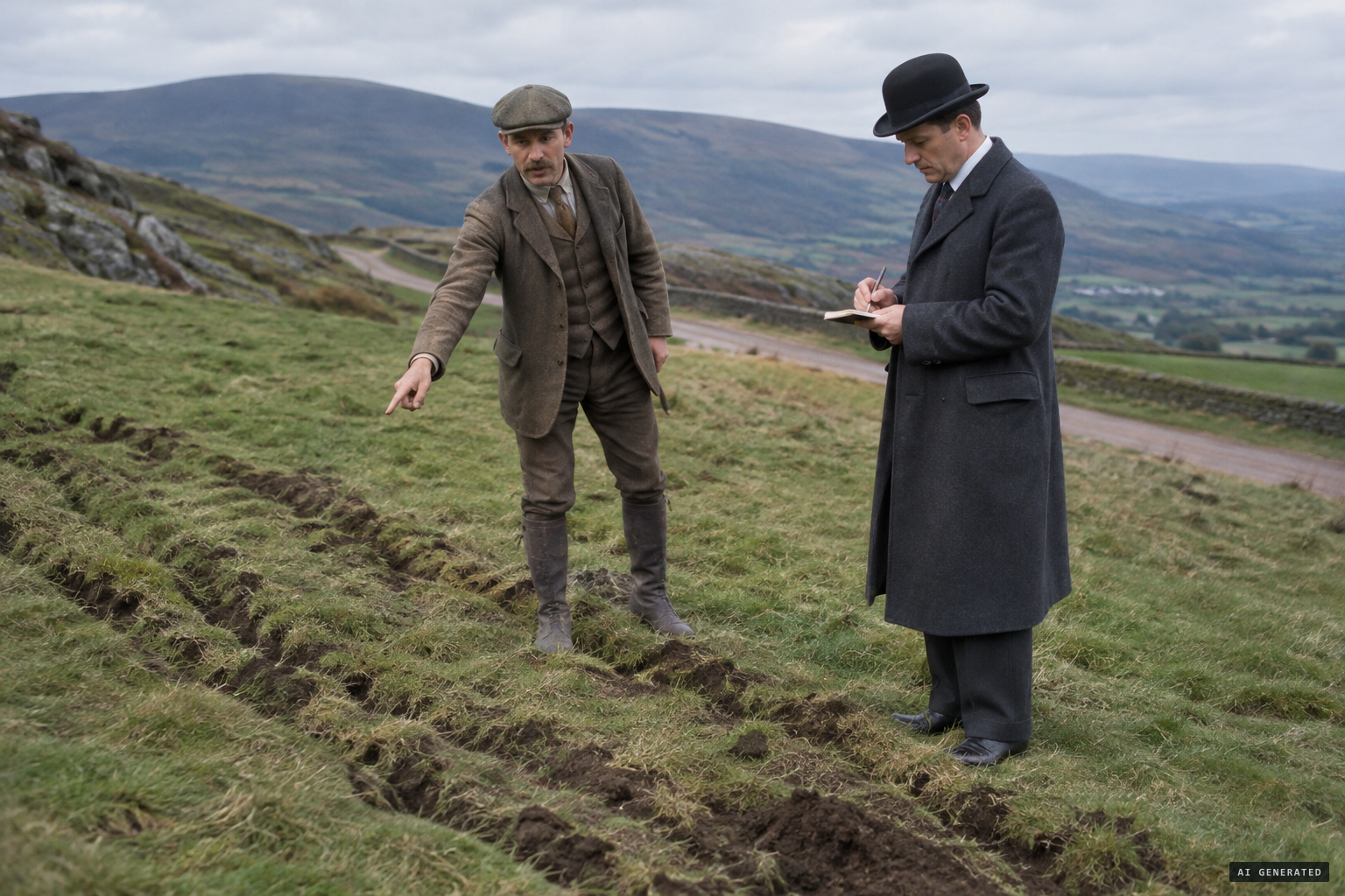 Next day, Lethbridge shows a journalist the ground marked as if by a ploughshare