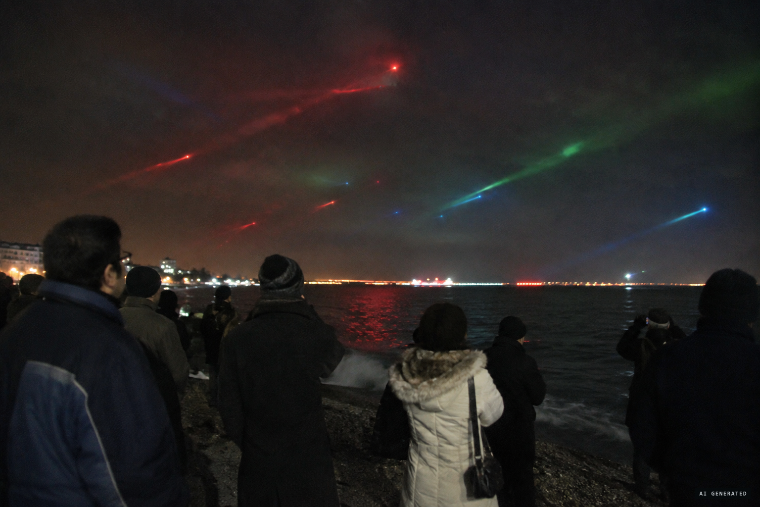 Red flashes and streaks of green and blue along the Caspian Sea