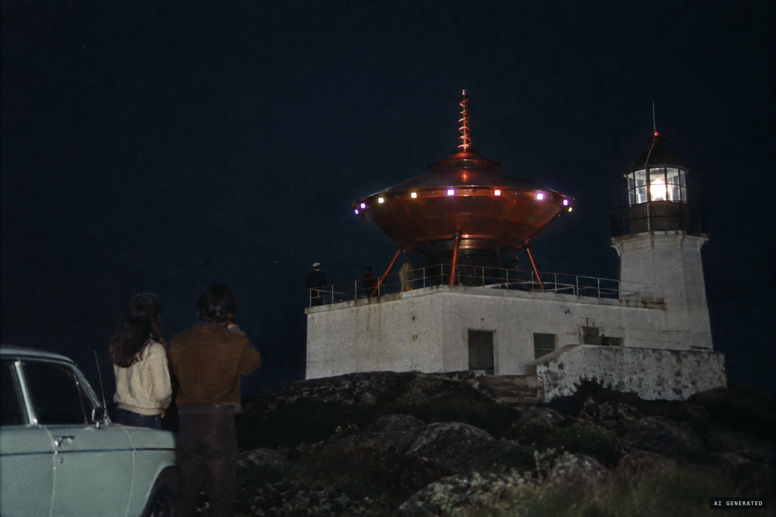The reddish domed craft on legs, its square lights flashing