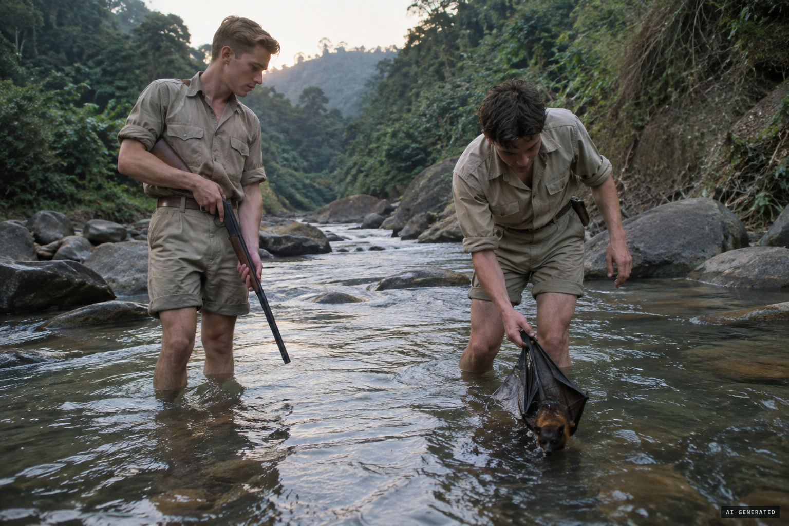 Sanderson and Russell wading down a shallow river, retrieving a bat they had shot.