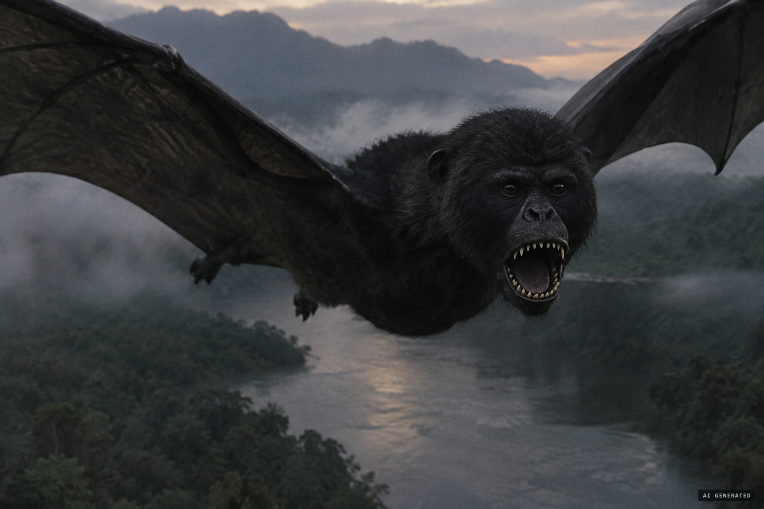 The jet-black creature, jaw open on a semicircle of pointed white teeth.