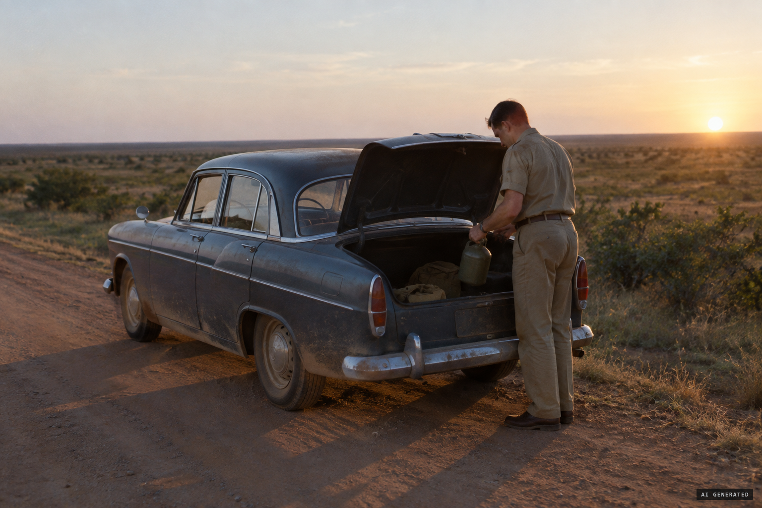 Brown stops on the road near Fort Rosebery to get his canteen from the trunk