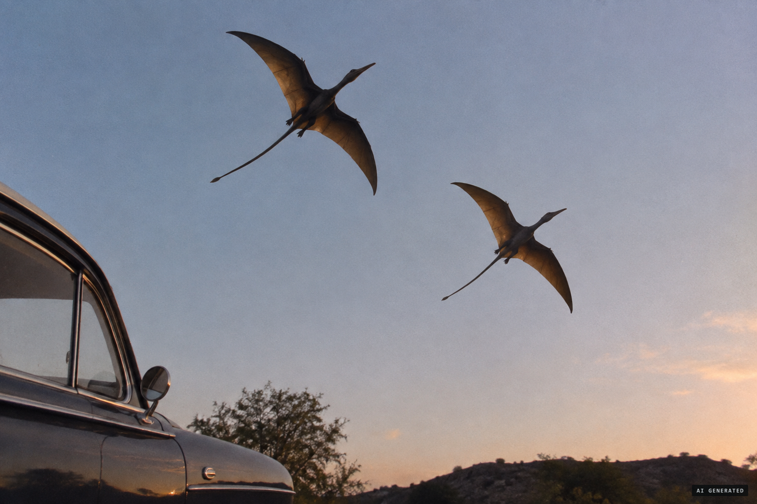 Two prehistoric-looking creatures with long tails and narrow heads pass slowly and silently overhead