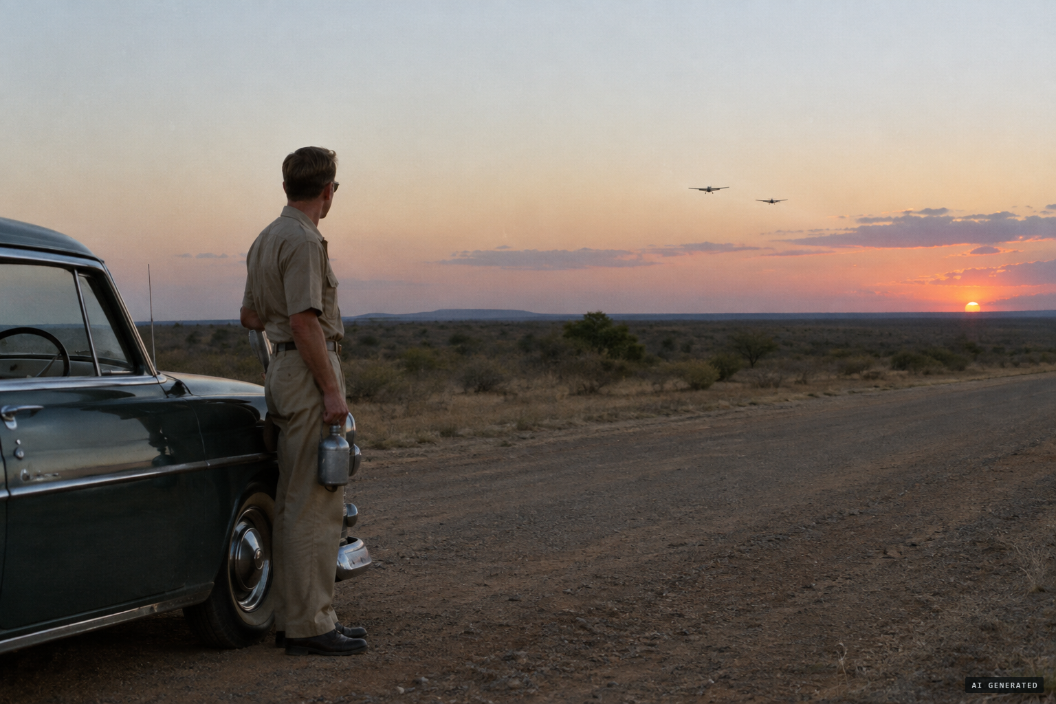 One man beside his car, watching two shapes pass, with no sound and no other witness