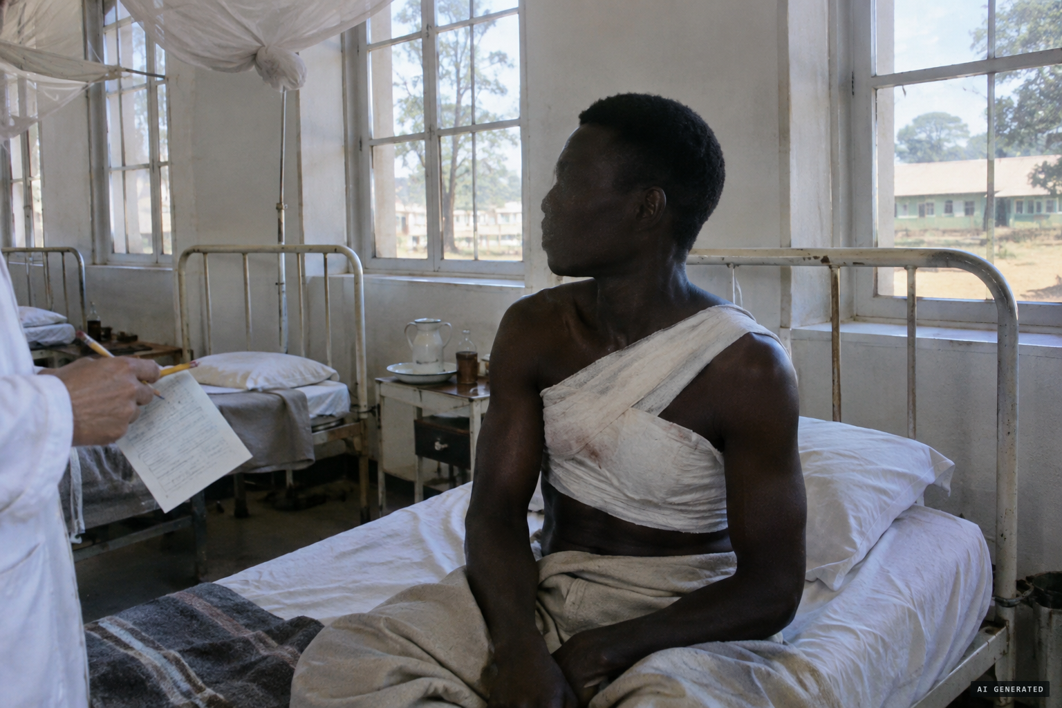 A patient with a chest wound says a great bird attacked him in the Bangweulu swamps