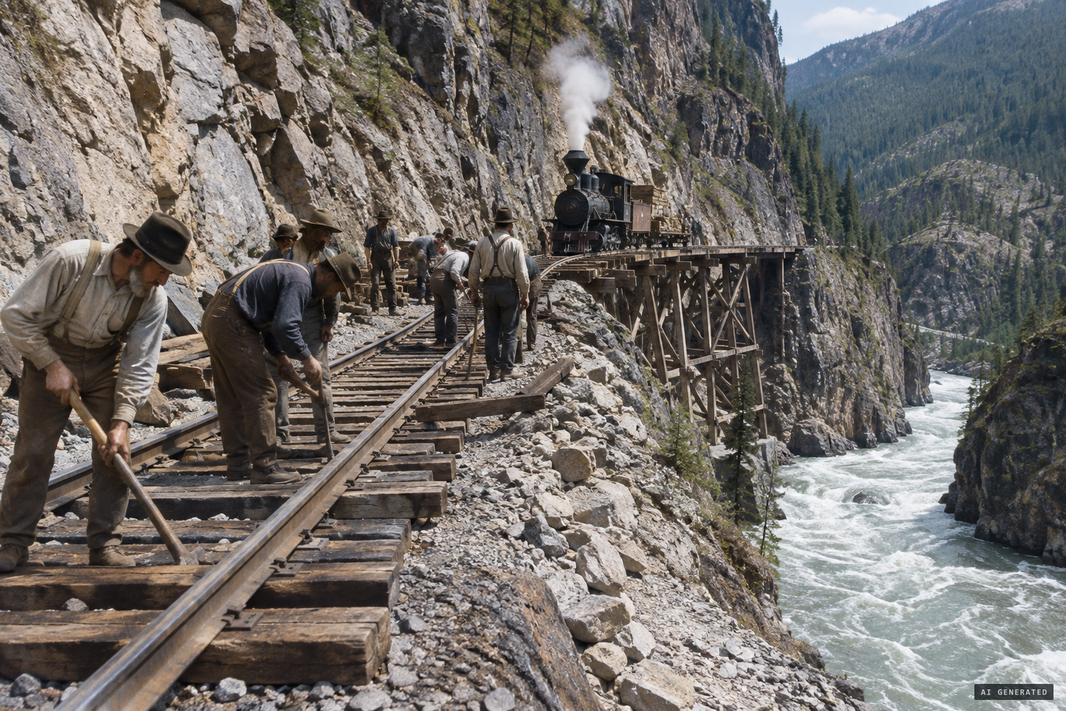 Onderdonk's crews push the Canadian Pacific Railway through the Fraser Canyon above Yale.